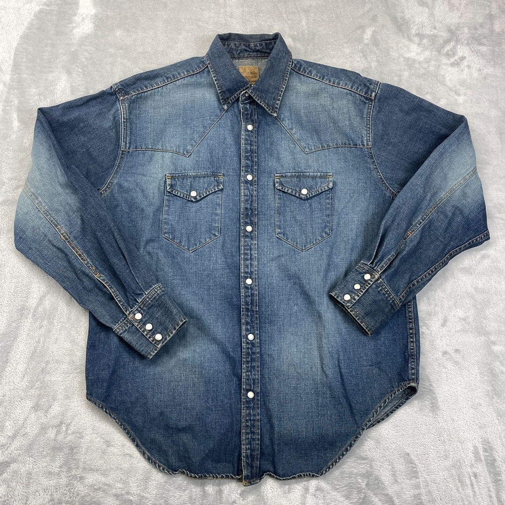 Old Navy Denim Western Mens Shirt Small Blue Faded Long Sleeve Collar Pearl Snap